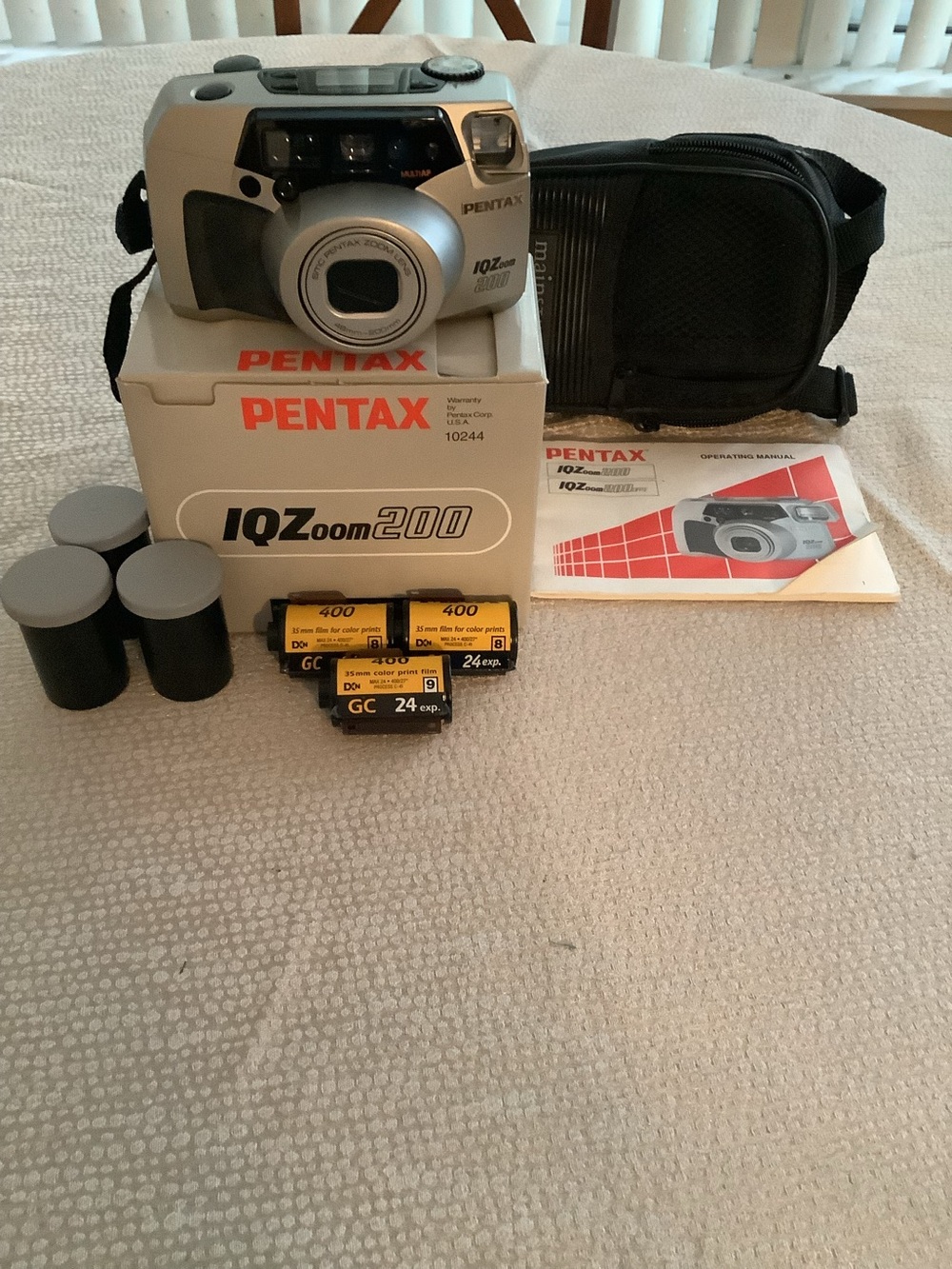 Pentax Silver IQZoom 200 Film Camera with Black Case and Accessories